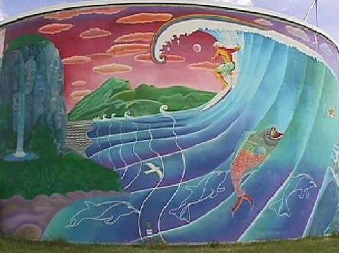 The main front view of the water tower mural