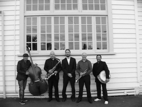 West Coast Jazz band outside the Raglan Old School Arts Centre