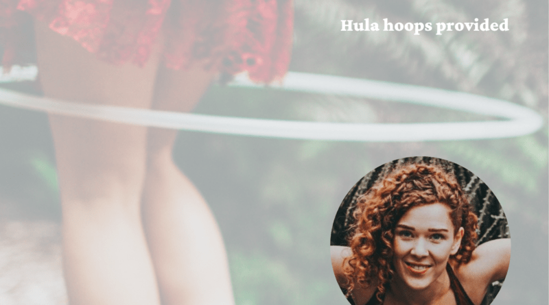 Poster with information about the hula hoop class set on a background of a hula hooper in the forest.